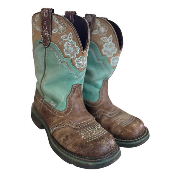 Justin's Turquoise Green & Brown Embroidered Flower "Gypsy" Cowboy Boots - Picture 1 of 9